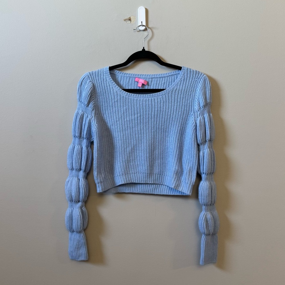 Sugar Thrillz Dollskill Sky Miss charming cropped blue bubble sleeve sweater